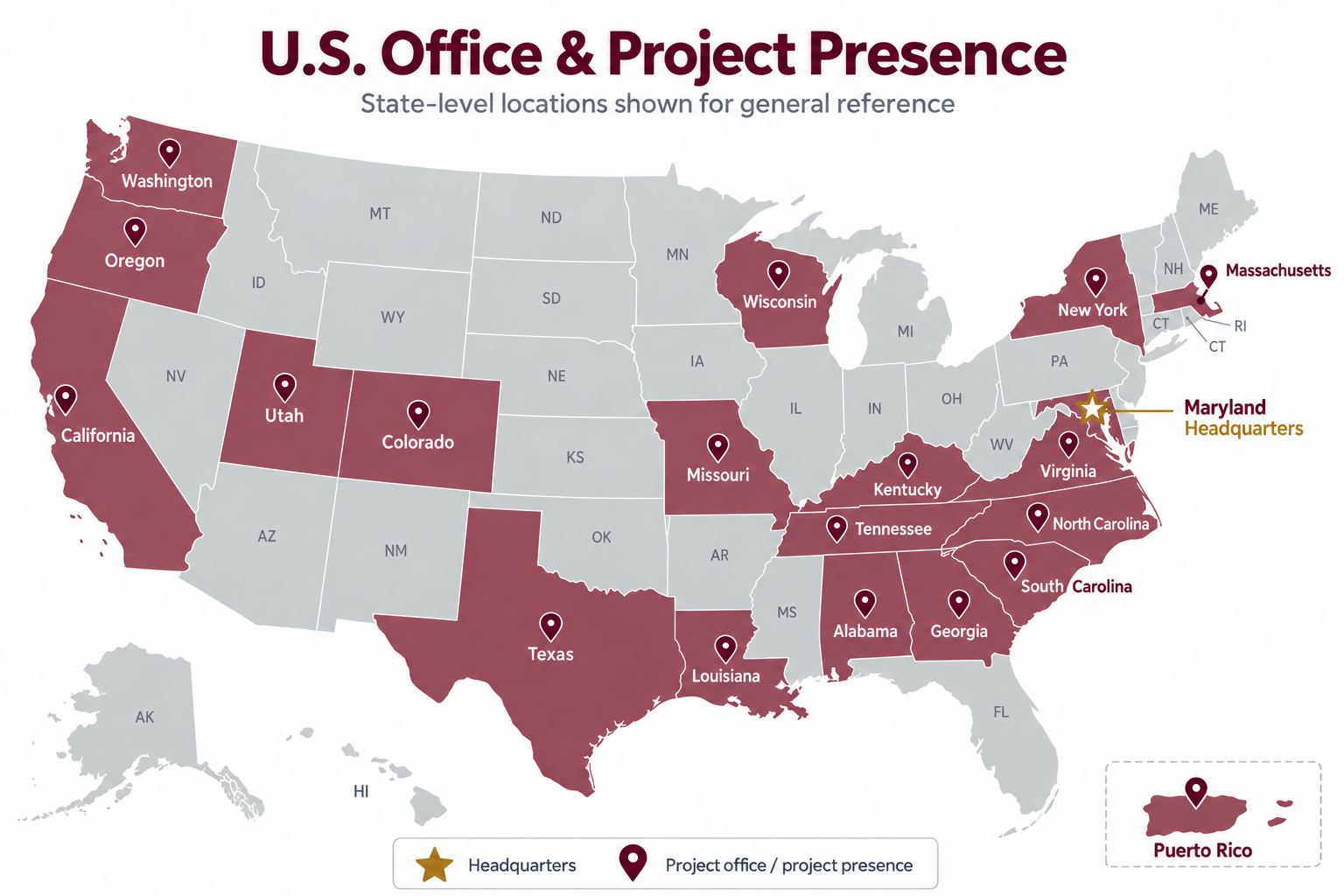 A&T U.S. office and project presence map